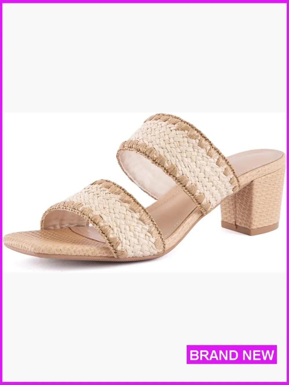 Woven Strappy Heeled Sandals Chunky Block Heel Square Toe Slip On Mules